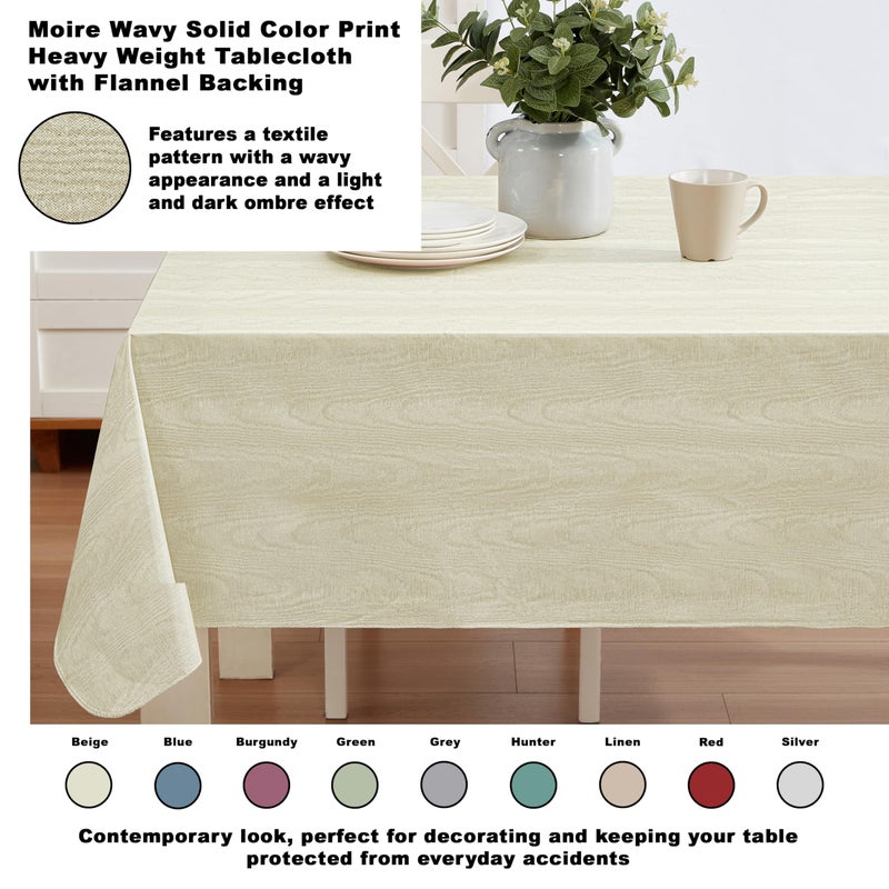 Newbridge Vinyl Flannel Backed Tablecloth, 60 x 84 Inch Rectangle, Beige Moire Wavy Solid Design, Heavyweight Indoor Outdoor Waterproof Table Cover, Easy Care Wipe Clean - Image 2